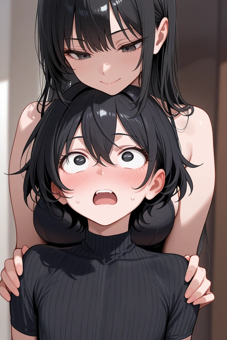 My sister has short black hair, closes her eyes, blushes, wears a bikini, big breasts, blushes, angry faces, focus on the kiss face.
