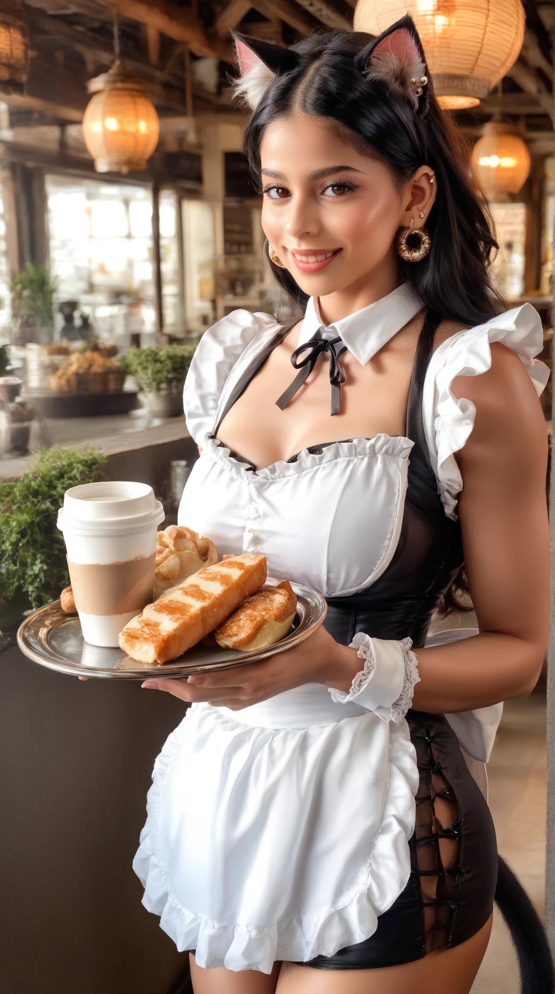 Precise, Professional Full body photo, of (elegant 1950s [highelf|woman] barista, wearing ornate apron), (posing seductively in 1950s [Amsterdam:Fantasy:16] caf), charming, fit body, monumental breasts, perfect hands, pretty face, (detailed skin), [freckles], [beauty marks], beautiful fingers, natural lighting, permeate lighting, (natural light:0.7), shallow depth of field, 8mm film grain, photographed on a Leica SL (Typ 601) Mirrorless Digital Camera, 35mm film lens, F/2.8 aperture, ISO 100, (highly detailed, intricate details), 8k, deep focus
