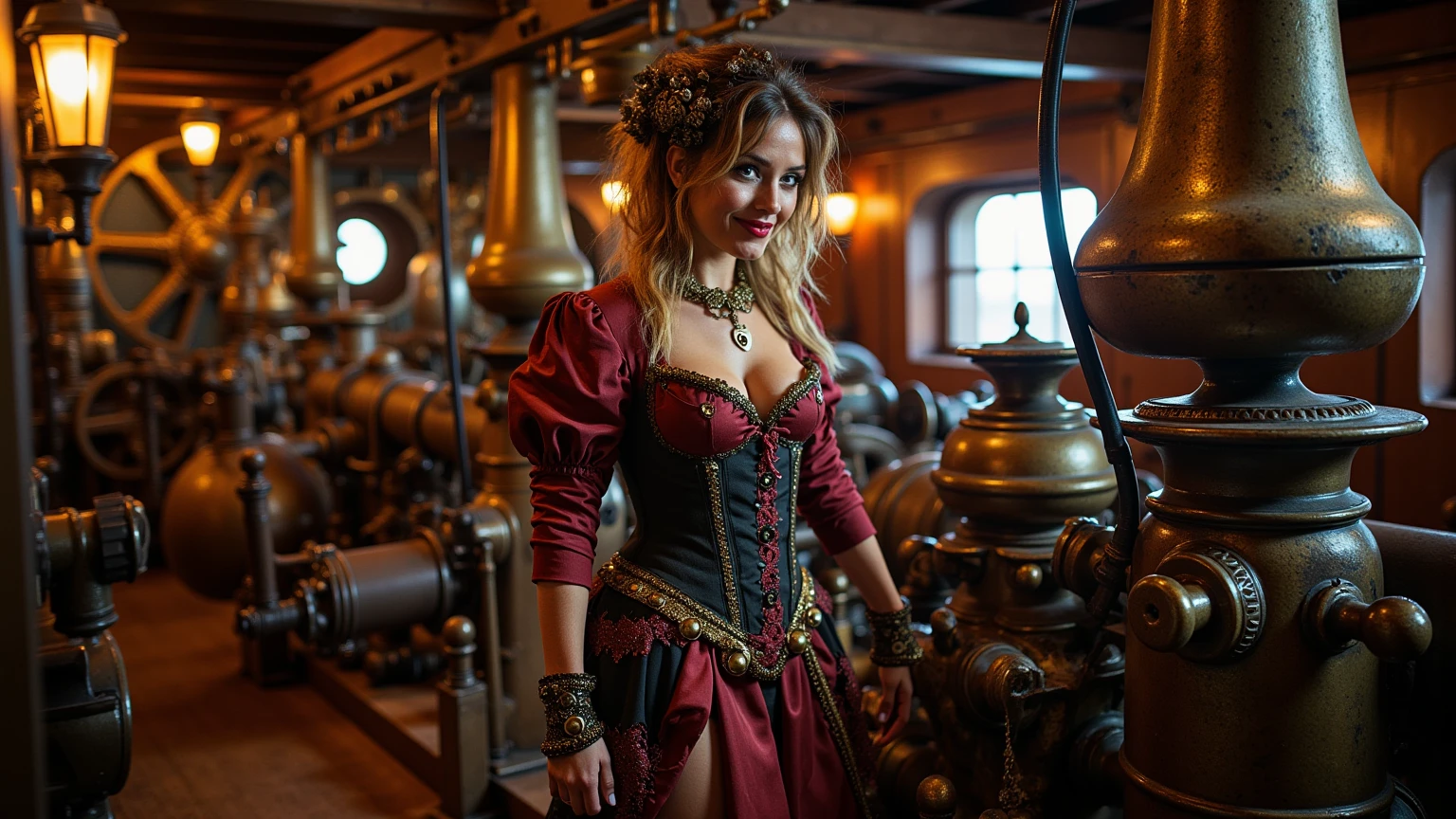 A Victorian woman confidently showcases her strength and poise as she strikes a powerful pose amidst a vibrant nightclub. Dressed in elegant Victorian attire, she captivates the audience with her graceful flexing gestures. The dimly lit nightclub setting provides a dramatic backdrop, accentuating the contrast between the vintage style and modern environment. Customers in the nightclub appear intrigued and impressed by her display of strength and charm.
Subject Description: Victorian woman flexing in a nightclub setting
Type of Image: Realistic Photograph
Art Styles: Victorian elegance with a modern twist
Art Inspirations: Victorian-era portraits with a contemporary twist
Camera: Sony Alpha 7 III
Shot: Low angle shot
Render Related Information: High resolution, dynamic lighting, focus on the woman's expression and flexing pose