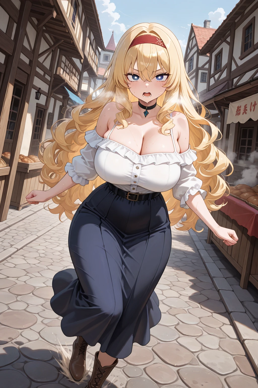 blonde hair color,long hair,light brown eyes,corset, long skirt,earrings,huge breasts,Whipped thighs,slender,near body,street background,SFW,perfect,high quality,faultless,smile