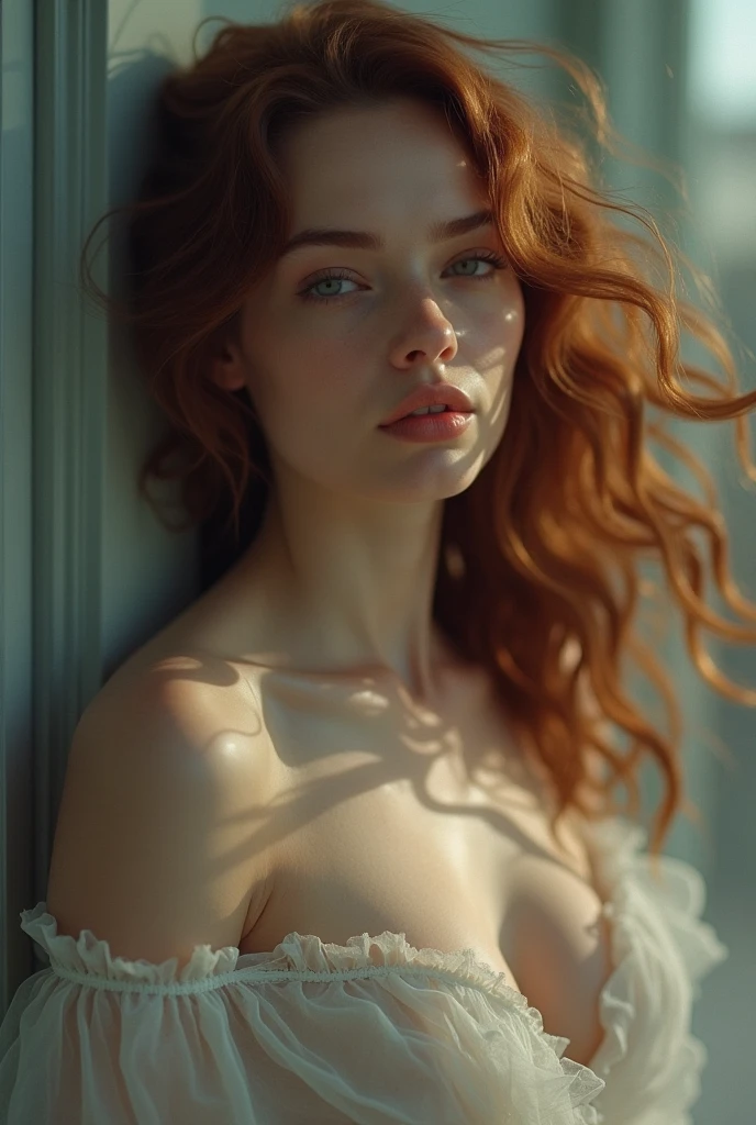 (((Ultrarealistic))) photography, masterpiece, highest quality, (Pale skin), (very detailed face and eyes: 1.3), ((full-length photo: 1.5)), Full-length girl 1 person, Adult, Deep cleavage, ( eye makeup, mascara), ((big thin lips)), ((wavy red hair)), ((Chorka)), ((natural breasts)). ((Pause)), study ((Lun Guoguang)), (Play of light and shadow), Depth of the written boundary, Bokeh, (Pay special attention to the details of your skin: 1.2), (The luminous atmosphere of the frame, pastel color), Super detailed,((full body: 1.5))((full body: 1.5))((full body: 1.5))((full body: 1.5))