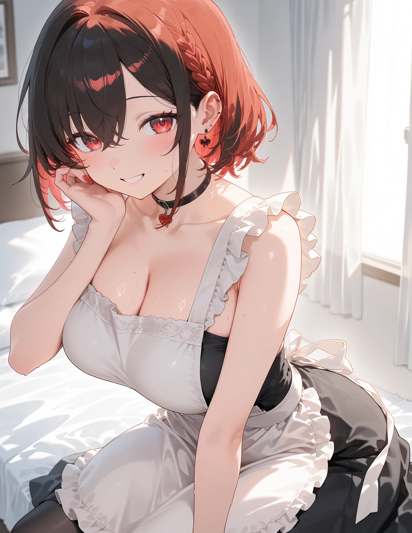 Best picture quality, 8K, masterpiece:1.3)), Beautiful woman with slender abs:1.3, ( short hair, medium breasts:1.2), hands tied behind her back, shift dresses:1.1, Ultra-fine face, red hair, ((under boob)), detailed eyes, ((yellow eyes)) double eyelid,(BDSM:1.3),Transparent swimsuit at home, and its fullness, Wet clothes, hyper HD, Masterpiece, High details, High quality, Massut works of the highest quality, of the highest quality, hyper HD, max res, Very detailed, Clean skin, アニメ, full body, slender, Very cute, lying down, wide open legs, Raised Legs, Erotic lingerie, half-shedding clothes, Half flows down, Wet clothes,, Clothing visible at the tip of the chest, Sweat, Light clothes, clothes with a see-through tummy, underbust, Embarrassed, Blushing, kneeling, sideviewblowjob, sitting on her knees, spread thighs, hands tied behind, sexy pose, kneeling, sexy maid dress, eye contact with a man above her, a man standing above her, grabbing her by her hair, (looking up at a man:1.6), intense eye contact