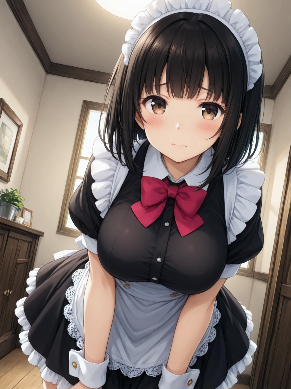woman,Bob Hair,Large Breasts,Maid clothes,Short sleeve,I can see the valley.Cute black gloves,Cat ears headband,Wear tights,Dark brown hair,Large Breasts,maid Cafe