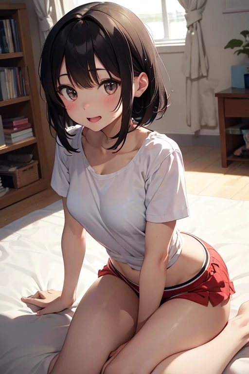 masterpiece、top-quality、hight resolution、photos realistic、real looking skin、Japan girls at 25 years old、short stature、full bodyesbian、short-hair、Beautiful eyes、Shining eyes、embarrassed from、annoyed、camisole、flered skirt、Fully exposed panties、M-shaped legs、Sit and open legs、arms behind back、On the bed in the bedroom at night、linen child panties、nsfw