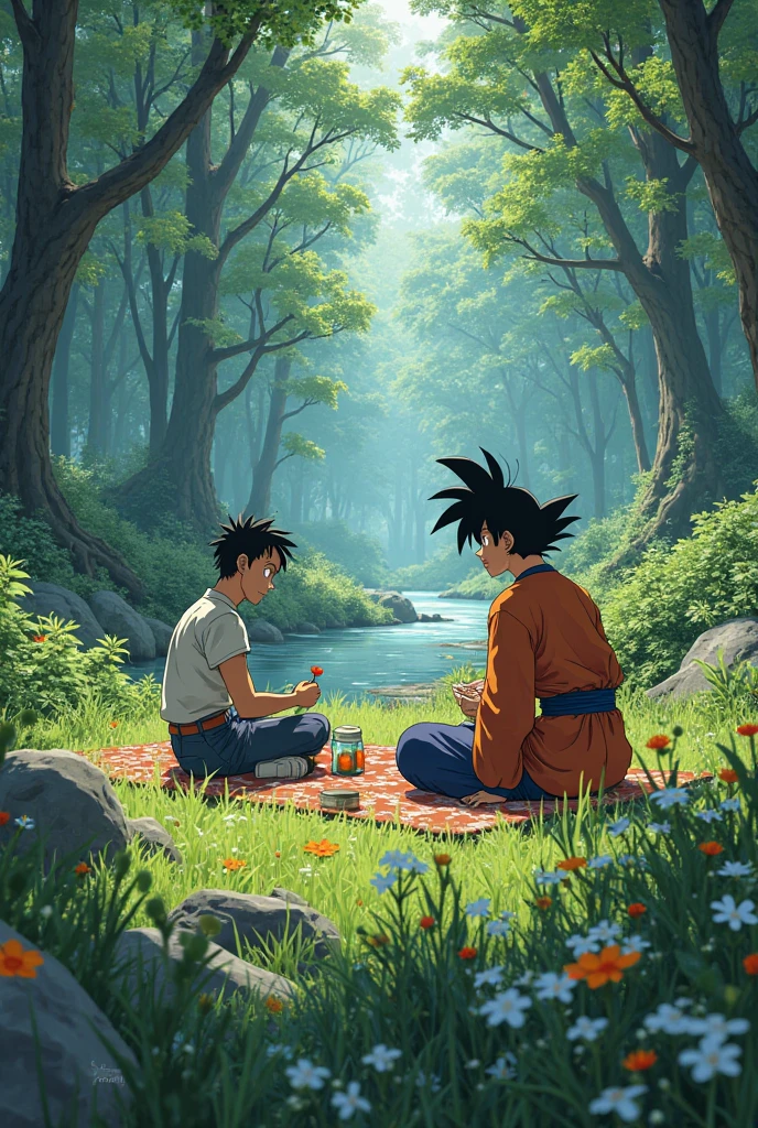 A wide, lush clearing on an unknown planet, surrounded by tall trees with vibrant leaves reflecting the alien sunlight. In the sky, two twin suns shine brightly, tinting the horizon in shades of gold and orange. In the background, majestic mountains rise, their slopes covered in exotic vegetation.
Characters:
Goku: Dressed in his classic orange and blue gi, barefoot, laughing loudly. His spiky black hair and warm aura exude a sense of pure joy. He is holding a large metal mug filled with a foamy alien beverage, about to make a toast.
Vegeta: Wearing his blue and white battle armor, with a slightly serious expression but a discreet smile on his lips. His arms are crossed over his chest, and he is leaning against a large rock, watching the party with an approving look.
Broly: Imposing and muscular, wearing his Saiyan warrior outfit with a billowing red cape. He is in a relaxed position, sitting on a tree trunk while devouring a large piece of alien meat. His expression is one of contentment and amusement.