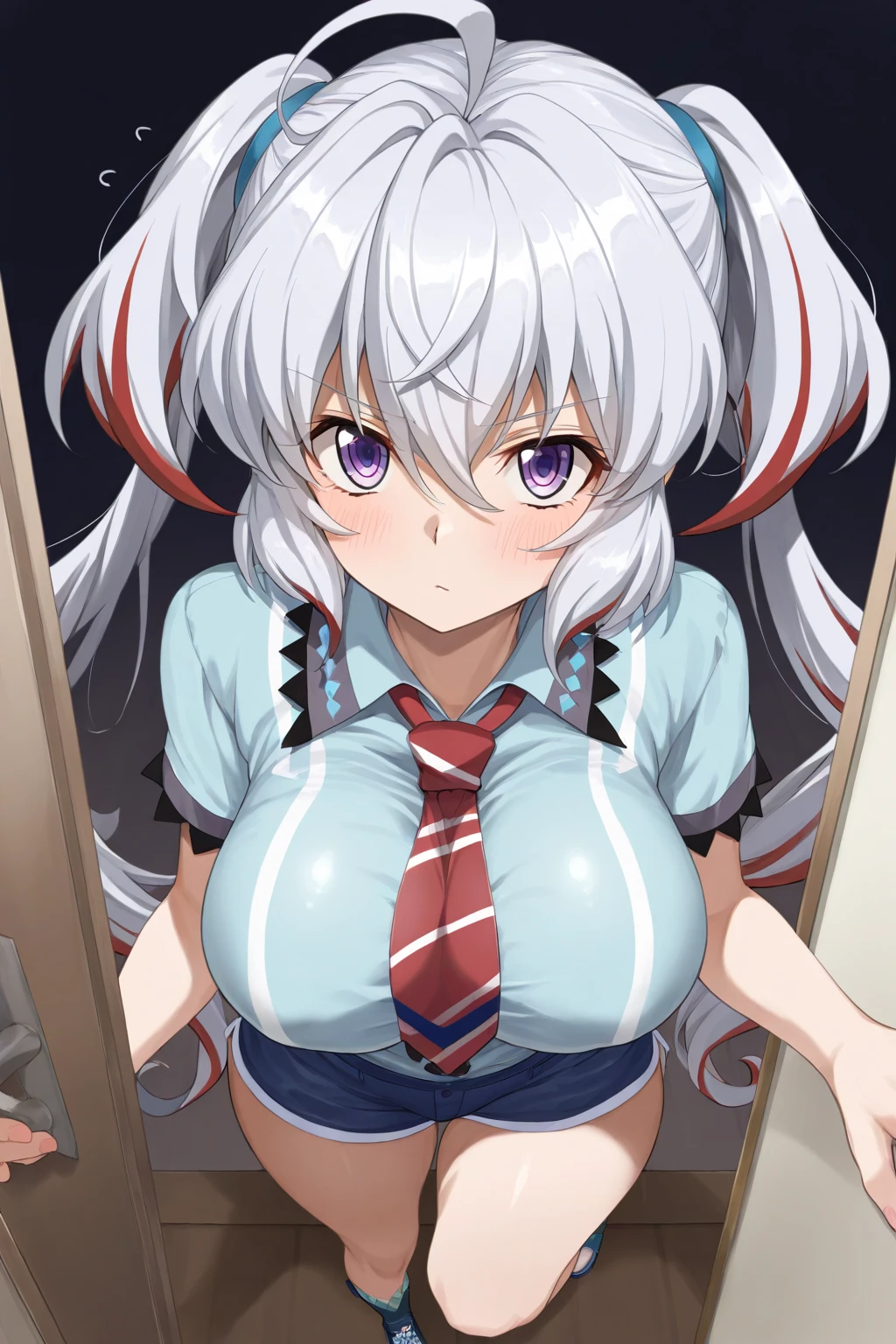 ,1girl, pov, 1boy, , paizuri , , penis, penis between the breasts, , breasts squeeze together, , , , Alisa Kujou, 1girl, solo, (solo focus), (long hair:1.2), blue eyes, shirt, bow, ribbon, ,white jacket, hair ribbon, (white hair), solo focus, bowtie, look at viewer, red bow, red ribbon, red bowtie, (schoolUniform), button gap, under boob, room, motion effects motion lines, pubic hair
