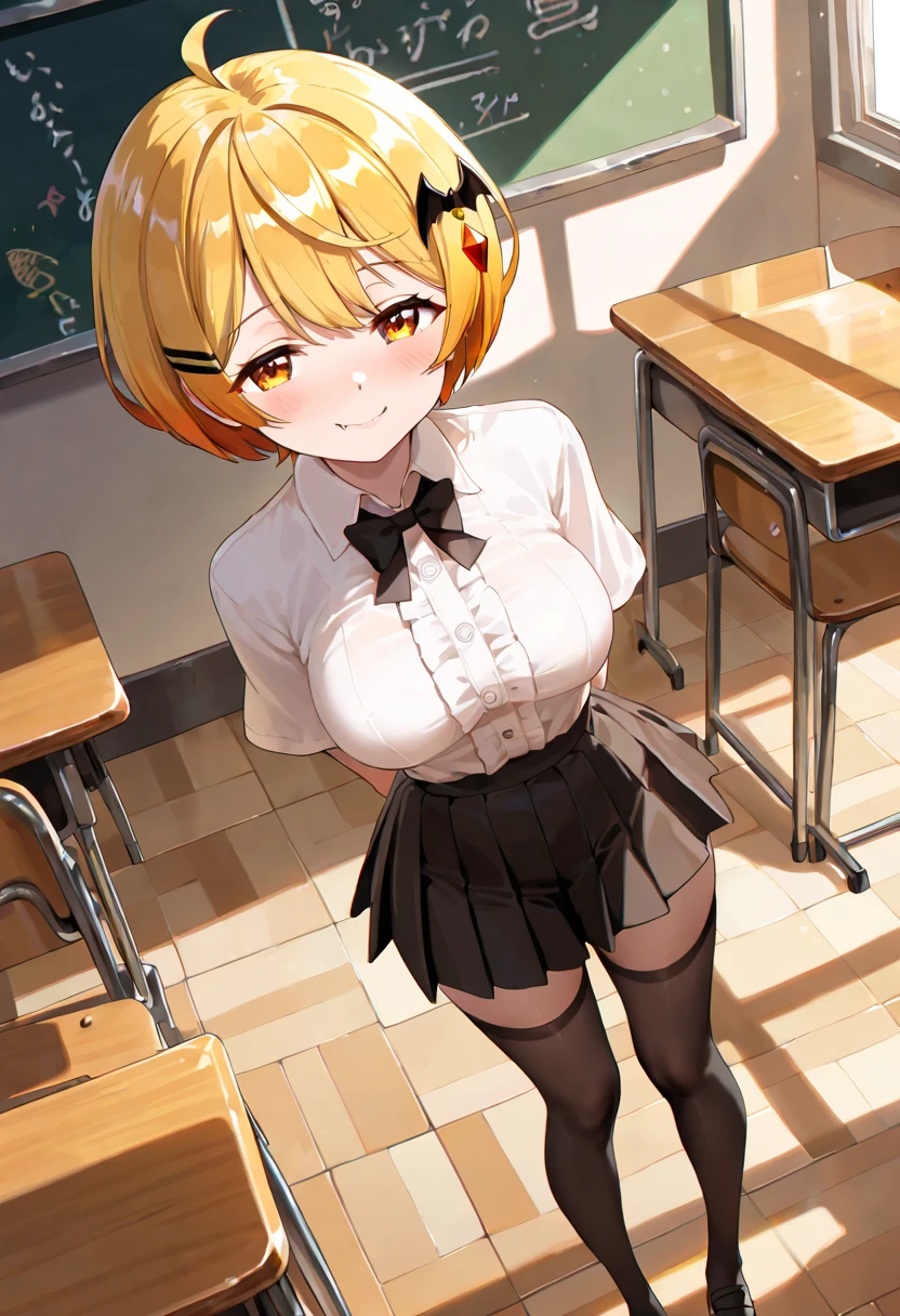 masterpiece, Highest quality, High resolution, HS1, Red eyes, Yellow Eyes, Side Ponytail, x Hair accessories, pantyhose, uniform, Black choker, Cowboy Shot, Sitting, lol, Spread leg pose, xxx, +18, Sensual satisfied face, orgasm, masterpiece, 16K, Very detailed, 2.5D, AI-generated, delicate and dynamic, Very delicate look, Delicate eye depiction, erotic, ((Cute and gentle face)), Healthy body shape, Medium firmness and swaying bust, blush, Sweat,Embarrassing,sexy, ((Thin thighs)), (Camel Toe:0.8), (Erect nipples:0.9), ((Shiny)), ((Oily_skin)), sweaty skin, Dutch Angle,((classroom)),White liquid ejaculated, on the body