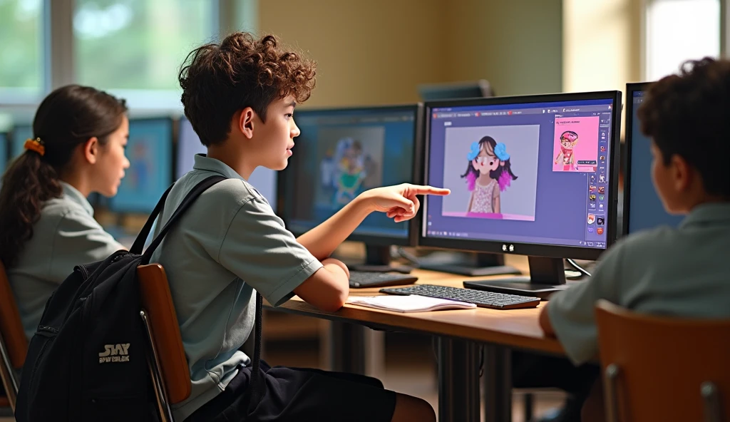 Children in the room conduct a dialogue with AI on a large monitor around other monitors with neural networks. Nearby is a teacher with a pointer.