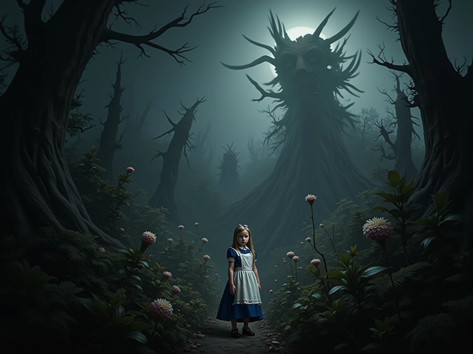 Alice in Wonderland,child in horror style Halloween,horror style chester cat,matte and dark colors,terrifying and scary scene,(best quality,4k,8k,highres,masterpiece:1.2),ultra-detailed,(realistic,photorealistic,photo-realistic:1.37),horror,frightening atmosphere,dark shadows,spooky lighting,creepy trees,mysterious fog,haunting moonlit sky,gloomy forest,evil grins,mischievous eyes,unsettling composition,macabre elements,distorted reality,intense emotion,twisted imagination,grotesque details,nightmare-inducing imagery,ominous and eerie vibes,unsettling silence,foreboding aura,sinister corners,ominous presence,mystical creatures,stark contrast,nightmarish dreamscape,enchanted madness,illusionary world,cryptic symbols,enchanted chaos,inescapable darkness,imagination gone awry,devilish charm,childhood fears,gothic aesthetic,unearthly whispers,demonic whispers,enchanted rabbit hole,disorienting journey,childlike innocence consumed by darkness,uncanny encounters,phantasmal tale,horror-filled wonderland.