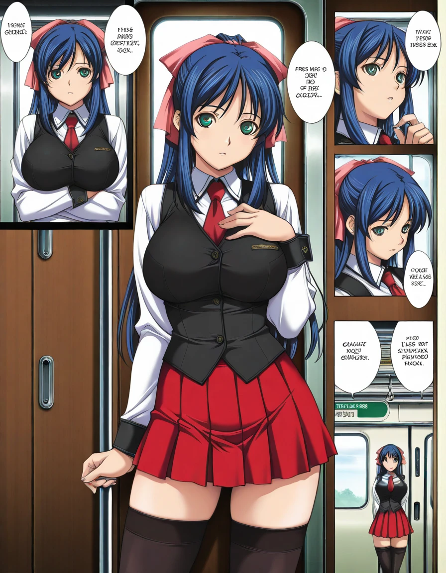 shire, One person, alone, Blue Hair, blue eyes, ponytail, bow, 1990s (style), , Long Hair, expensive ponytail, retro artstyle, ,business suit,pencil Skirt, Big Breasts, masterpiece, expensive quality, very_expensive_solve, big_file size, Full Color, ceiling, (((Nipples))), looking down, open mouth, cleavage cutout,embarrassed, blush, bouncing breasts, crowd, Long Breasts, pantyhose, No underwear, pubic hair, crowded train,spoken exclamation mark, long breasts, leaning forward,shirt,