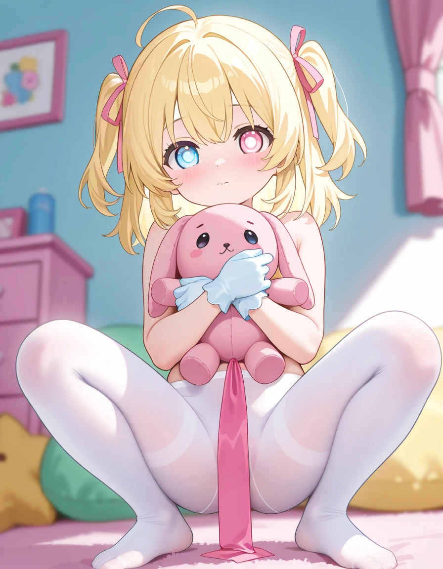 1girl, blonde hair, long hair, cyan ribbon, ponytail, blue eyes, ((pink dress)), puffy sleeves, white tube socks, no shoes, smug, sitting, leaning forward, indoors, couch, ((with a big cock)), (ballsack), (steaming coming from her cock),