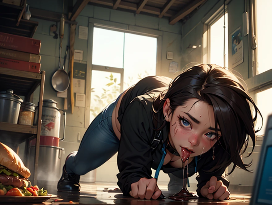 PPlay, PPDown, mature woman, cum on face, bukkake, all fours, skirt, tied shirt, crop top, open mouth, drooling, saliva, from side, looking at viewer, Ultra-detail, (highres:1.1), best quality, (masterpiece:1.3), cinematic lighting