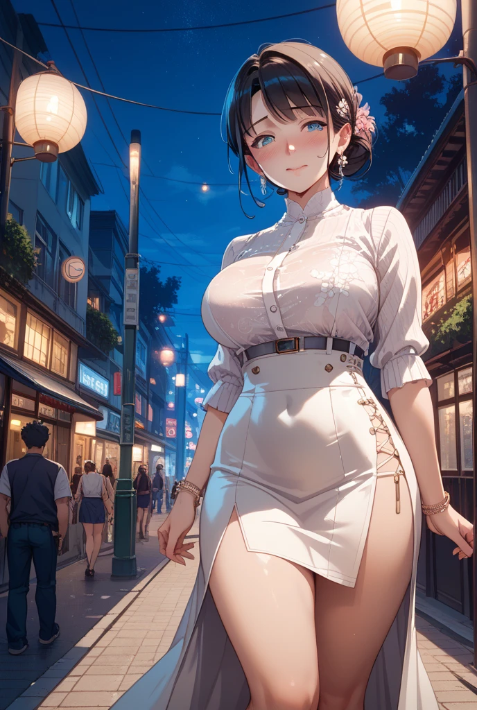 beautiful cute girl, (masterpiece:1.3), (8k, photorealistic, RAW photo, best quality: 1.4), Sharp focus: 1.2, A beautiful woman with perfect body: 1.4, Slim abdomen: 1.2, ((Layered haircut)), (((Huge breasts :1.8))), (no bra), (Small and beautiful hard nipple), (pubic hair), (Thin and damp button up to shirt length: 1.1), (a White extreme low rise mini skirt), Highly detailed face and skin texture, Detailed eyes, Double eyelid, beautiful face, beautiful hairstyle, realistic eyes, beautiful detailed eyes, (realistic skin), attractive, ultra high res, ultra realistic, highly detailed, golden ratio, (detaled face:1.2), looking at viewer, smile, open white shirt, perfect slim figure, ((Kneeling in the department store and serving customers)), ((from high angle shot)), ((put the mic on her chest)), ((she is wet)).
