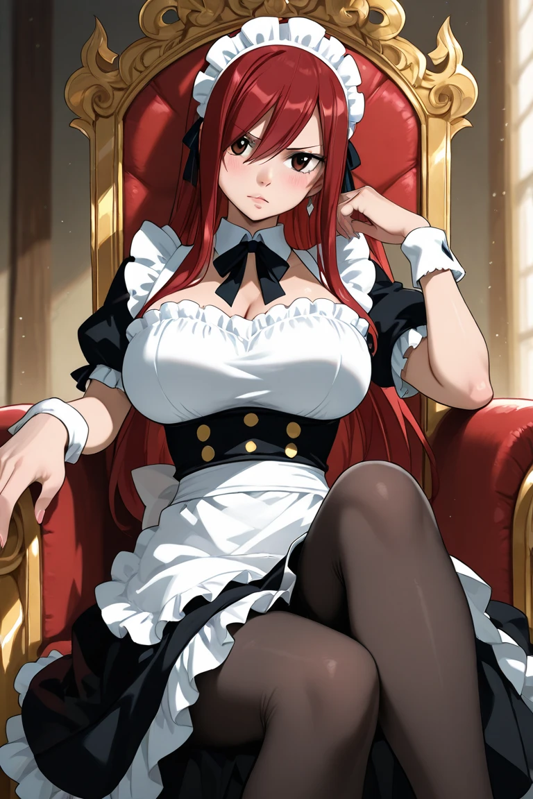 (best quality, high quality:1.2), cinematic lighting, extremely detailed, <lora:YuuMikiharaV2:1>, yuumikihara, 
1girl, solo, red hair,  long hair, large breasts, green eyes, 
sitting on table, (spread legs:1.1), full body, looking at viewer, front view, seductive smile,
maid, maid headdress, maid apron, latex skirt, latex shirt, puffy sleeves, long sleeves, cuffs, thighhighs, high heels, lace panties,
luxury room, indoors,