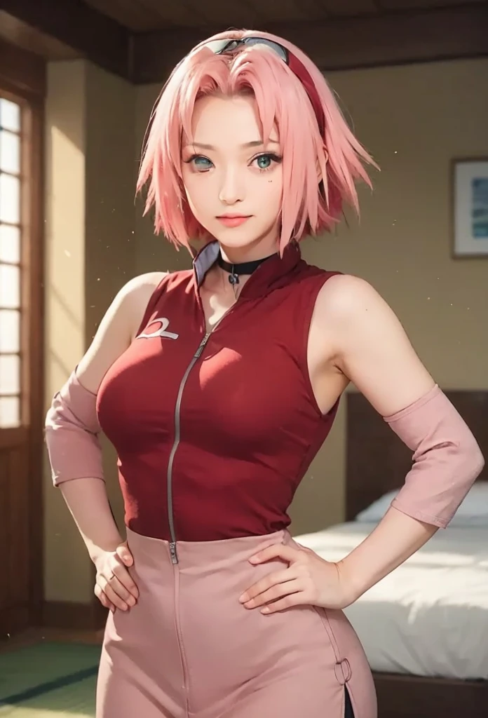 anime girl with pink hair and a red top posing for a picture, sakura haruno, haruno sakura, sakura haruno in slug sage mode, female protagonist 👀 :8, hints of yayoi kasuma, yayoi kasuma, female anime character, anime character, sakimi chan, made with anime painter studio, megumu okada