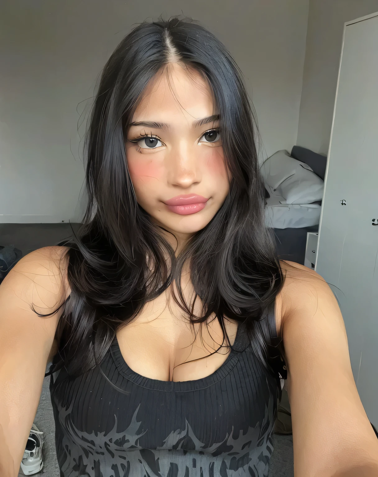 a magnificent young woman in her twenties, with Latino features. She has long, straight black hair that falls loosely over her shoulders. Her face has soft and balanced contours. She has large, well-defined dark brown eyes with long, thick eyelashes and well-arched black eyebrows. His nose is straight and slightly refined, proportionate to his face. Her lips are full and defined, with a natural color, and they are closed, contributing to her neutral expression. Her skin is matte, smooth and without visible imperfections. She is wearing a black t-shirt. She takes a selfie. She holds a small, clearly visible credit card in her right hand.