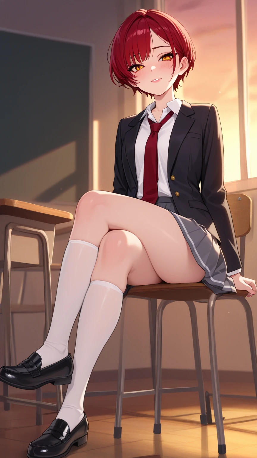 suzunehorikita, suzune horikita, black hair, braid, long hair, (purple eyes:1.1),
BREAK advanced nurturing high , black thighhighs, blazer, bow, bowtie, buttons, jacket, long sleeves, pleated skirt, , thighhighs, white skirt, zettai ryouiki, (red blazer:1.5),
BREAK looking at viewer, full body,
BREAK indoors, classroom,school,soft lights,
BREAK (masterpiece:1.2), best quality, high resolution, unity 8k wallpaper, (illustration:0.8), (beautiful detailed eyes:1.6), extremely detailed face, perfect lighting, extremely detailed CG, (perfect hands, perfect anatomy),sitting on table, cross legs,leg on leg,from above,