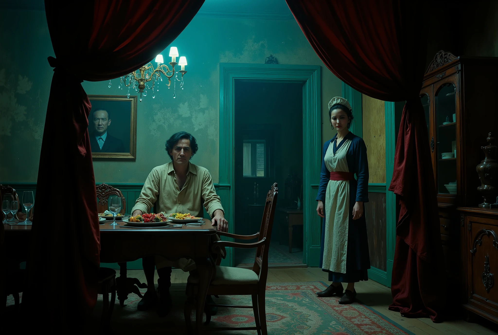 Only two people, the scene takes place in French colonial Indochine in the 1950s, A dimly lit dining room with a wooden table, set with a plate of food and wine glasses, exudes a heavy, melancholic mood. A wealthy but lonely white French man in a robe sits isolated, his face etched with unhappiness, while a timid, subservient Vietnamese housemaid stands near candelabras, her awareness hinting at a doomed love affair ahead. The ghosts and spirits are implied and represent something more psychological than tangible, The ornate chairs and thick curtains frame the haunted house, where malevolent spirits cast an ominous mood, chilling atmosphere, smoky ambiance, cinematic composition, detailed, intricate, medium contrast, murky blue and green back lighting, volumetric lighting, Frazetta, Steranko, classic fantasy art, lurid and vivid colors, perfect anatomy, masterpiece, HD, 8x, "anatomically correct human" "realistic proportions" "natural human pose" "full figure, accurate anatomy" "correct fingers and joints" 1950s cinema, moody lighting, chiaroscuro, Italian pulp comic color palette, saturated dark orange tones and dark muddy greens, film grain, foggy lens, dramatic shadows, unnatural angles, the edges of image are old and torn, Suspended reality and dreamlike quality, Symbolic and grotesque imagery, Intricate lighting and shadow play, Stylized color palettes, Dynamic framing and composition
