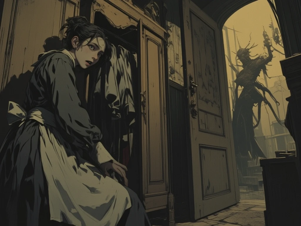 Terrified maid hiding in her employers' luxurious wardrobe, wearing a traditional gray uniform and white apron, her hair tied in a messy bun, her expression one of absolute terror. Through the half-open bedroom door, a distorted humanoid creature can be seen, a supernatural being with elongated limbs and an impossible posture. An old mansion is in the shadows, a hallway with vintage wallpaper, and antique chandeliers casting sinister shadows, High contrast, cinematic feel, detailed textures, stunning visuals, Dramatic lighting, unsettling shadows. Tense cinematic composition. Pop art painting. Pop art collage. Additional details. Contemporary art collage. Cut-out collage. Artwork profile.