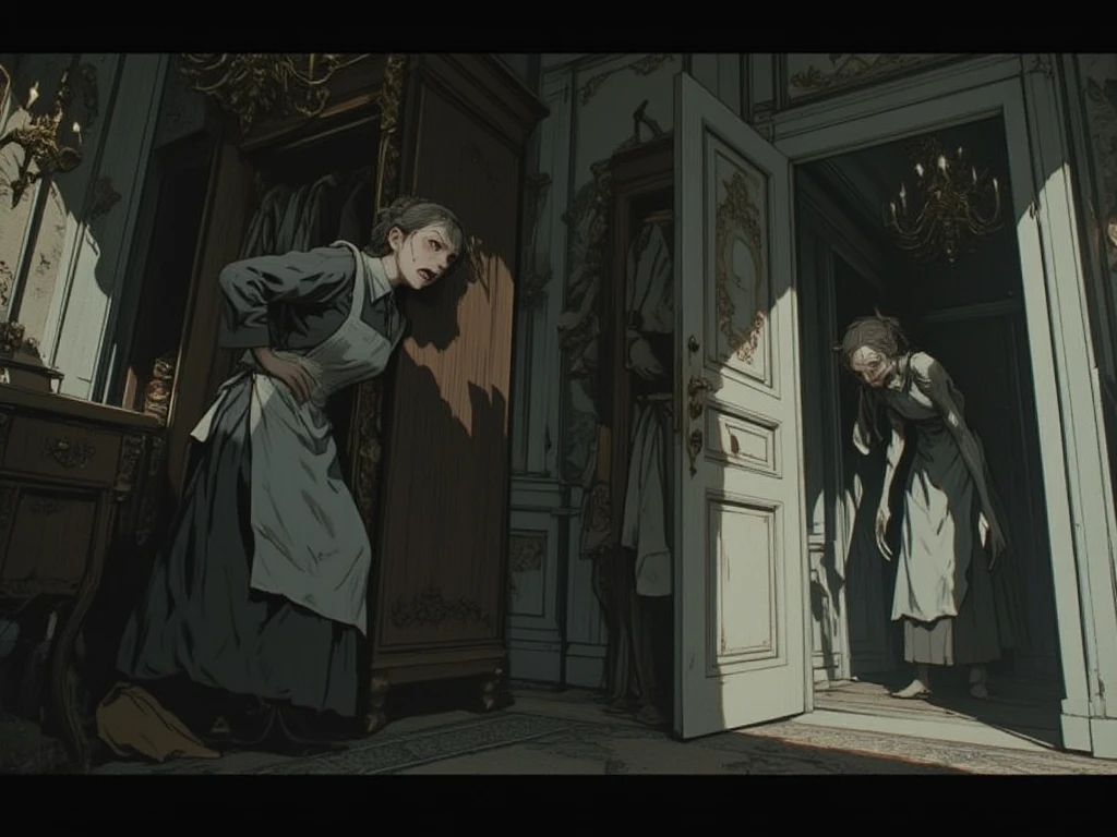 Terrified maid hiding in her employers' luxurious wardrobe, wearing a traditional gray uniform and white apron, her hair tied in a messy bun, her expression one of absolute terror. Through the half-open bedroom door, a distorted humanoid creature can be seen, a supernatural being with elongated limbs and an impossible posture. An old mansion is in the shadows, a hallway with vintage wallpaper, and antique chandeliers casting sinister shadows, High contrast, cinematic feel, detailed textures, stunning visuals, Dramatic lighting, unsettling shadows. Tense cinematic composition. Pop art painting. Pop art collage. Additional details. Contemporary art collage. Cut-out collage. Artwork profile.