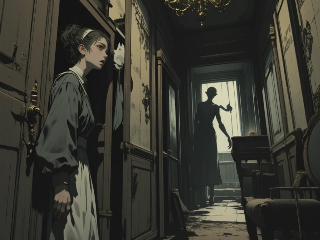 Terrified maid hiding in her employers' luxurious wardrobe, wearing a traditional gray uniform and white apron, her hair tied in a messy bun, her expression one of absolute terror. Through the half-open bedroom door, a distorted humanoid creature can be seen, a supernatural being with elongated limbs and an impossible posture. An old mansion is in the shadows, a hallway with vintage wallpaper, and antique chandeliers casting sinister shadows, High contrast, cinematic feel, detailed textures, stunning visuals, Dramatic lighting, unsettling shadows. Tense cinematic composition. Pop art painting. Pop art collage. Additional details. Contemporary art collage. Cut-out collage. Artwork profile.