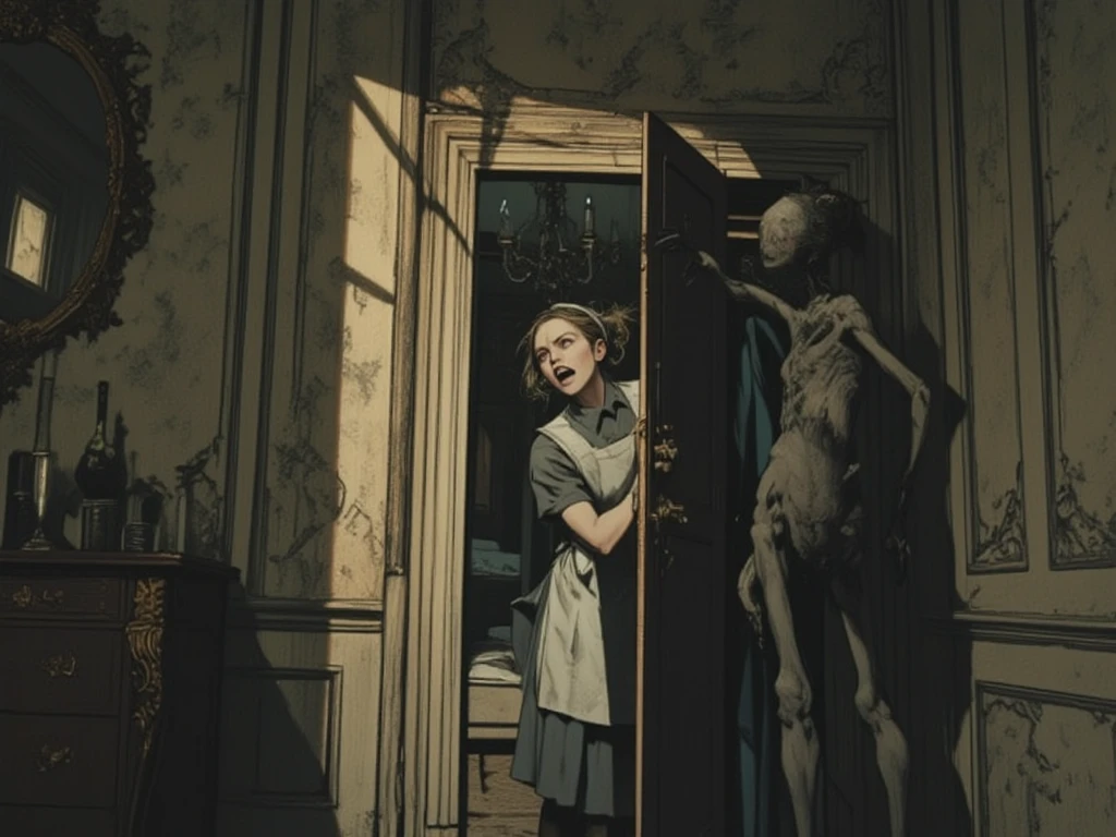 Terrified maid hiding in her employers' luxurious wardrobe, wearing a traditional gray uniform and white apron, her hair tied in a messy bun, her expression one of absolute terror. Through the half-open bedroom door, a distorted humanoid creature can be seen, a supernatural being with elongated limbs and an impossible posture. An old mansion is in the shadows, a hallway with vintage wallpaper, and antique chandeliers casting sinister shadows, High contrast, cinematic feel, detailed textures, stunning visuals, Dramatic lighting, unsettling shadows. Tense cinematic composition. Pop art painting. Pop art collage. Additional details. Contemporary art collage. Cut-out collage. Artwork profile.