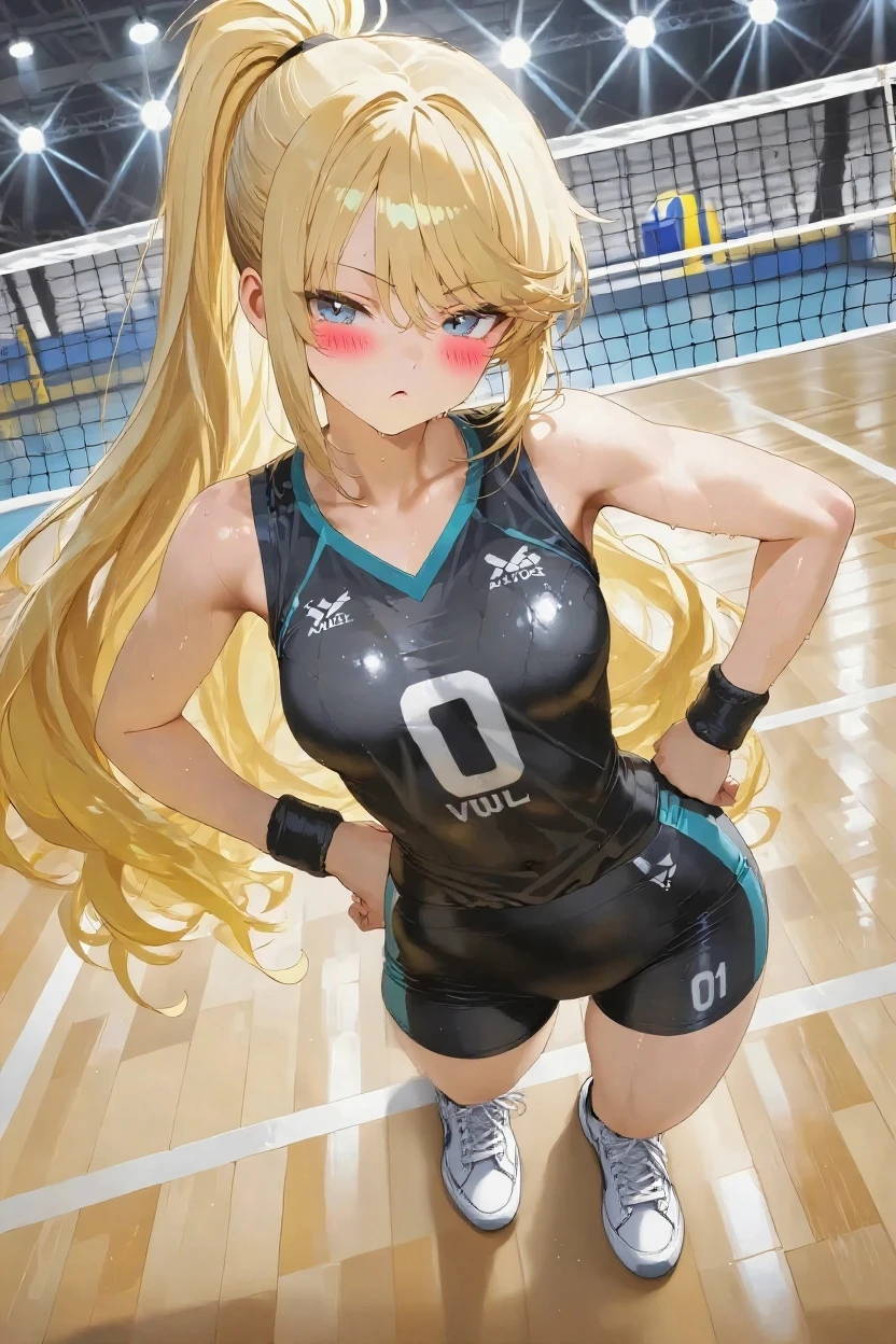 Young Woman, Thin blonde hair、Very long hair、,put out one's forehead、Forehead、(Lack of hair between the eyebrows and forehead,,)、(Bangs are parting)、 Blue eyes, gymnastic suit、Separate、Buruma、volley、 (Volleyball Court), A smile、Look、dynamic ungle、dynamic motion、Gym clothes are a little flesh-colored、(Twist short sleeves to expose the shoulders.)、(full body Esbian)