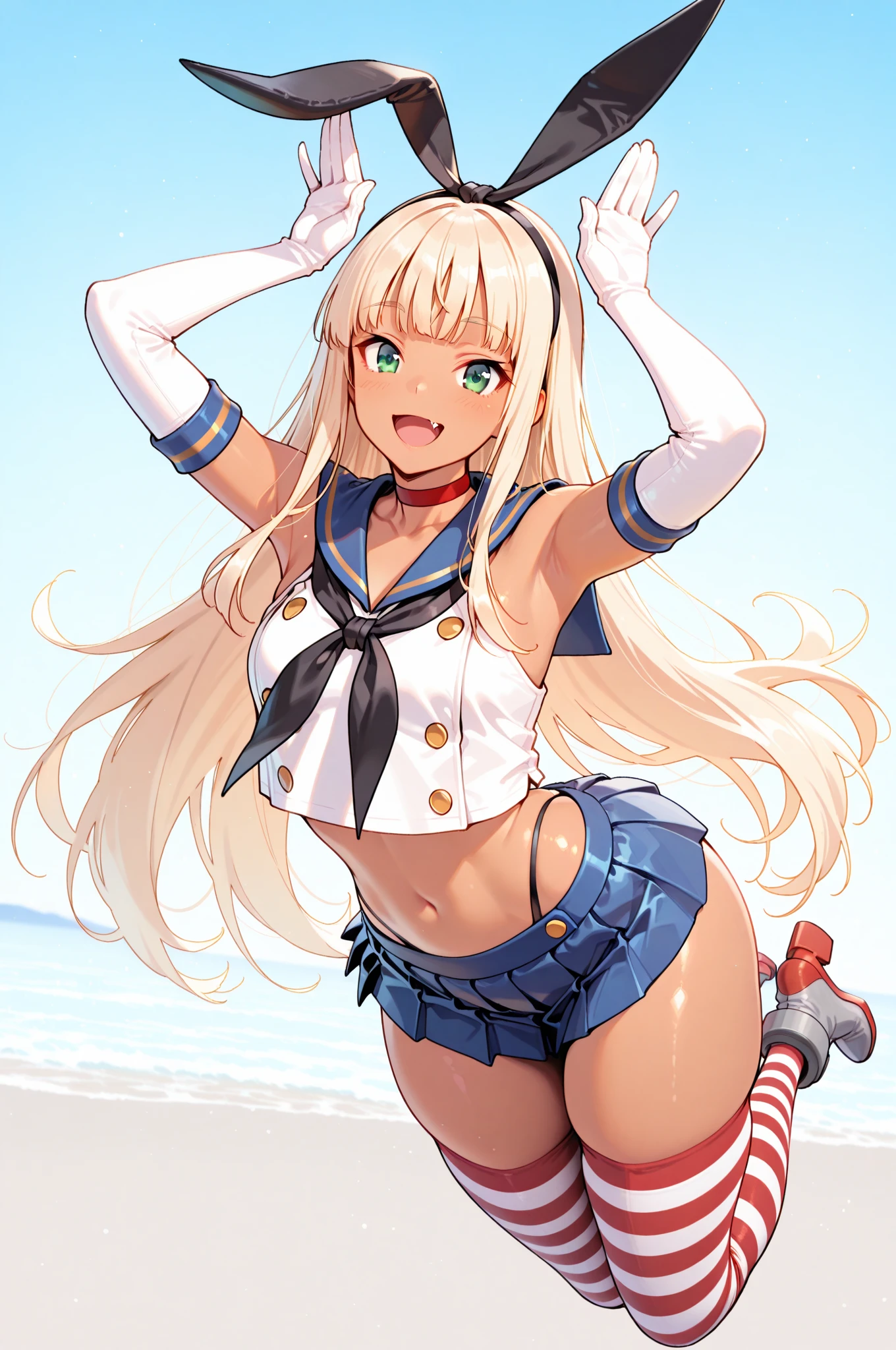 (SFW:1), masterpiece, 8k, best quality, highly detailed, 1girl, thicc blonde babe in a sexy sailor outfit (jumping in the air:1.4), from below, (white panties:1.4), outdoors, sunny weather, blue sky, harbor, ocean