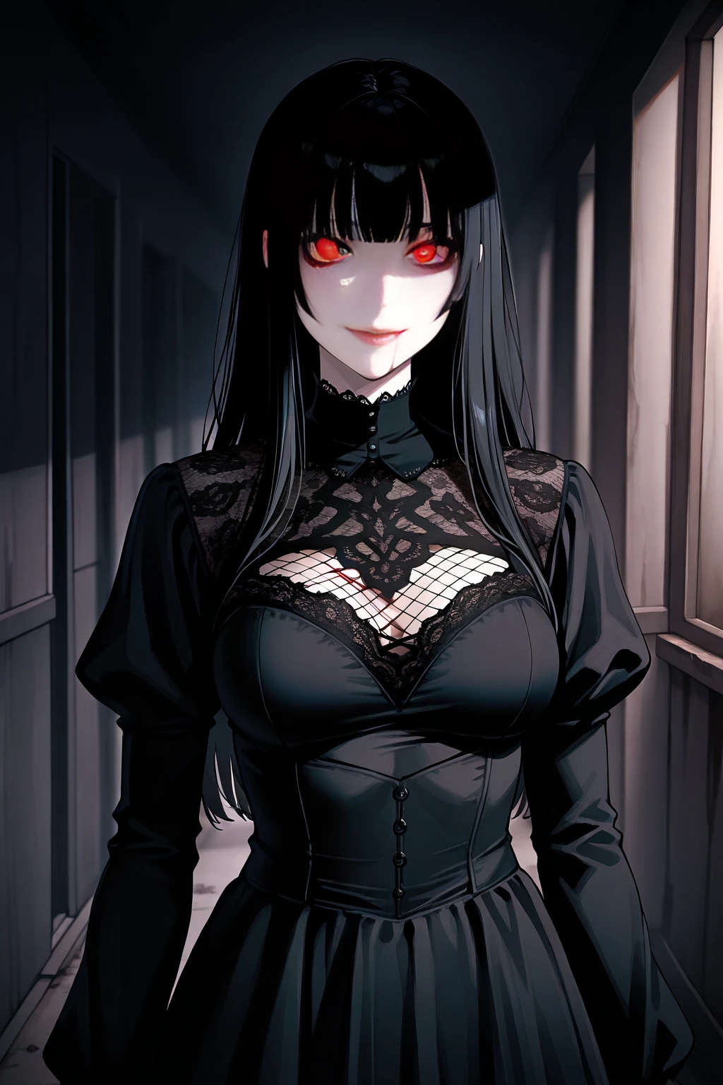 (anime style, manga filter, masterpiece) A psychopathic villain women with long black hair and red eyes, a sinister smile, and a menacing expression. (B&W filter. dark & gloomy atmosphere