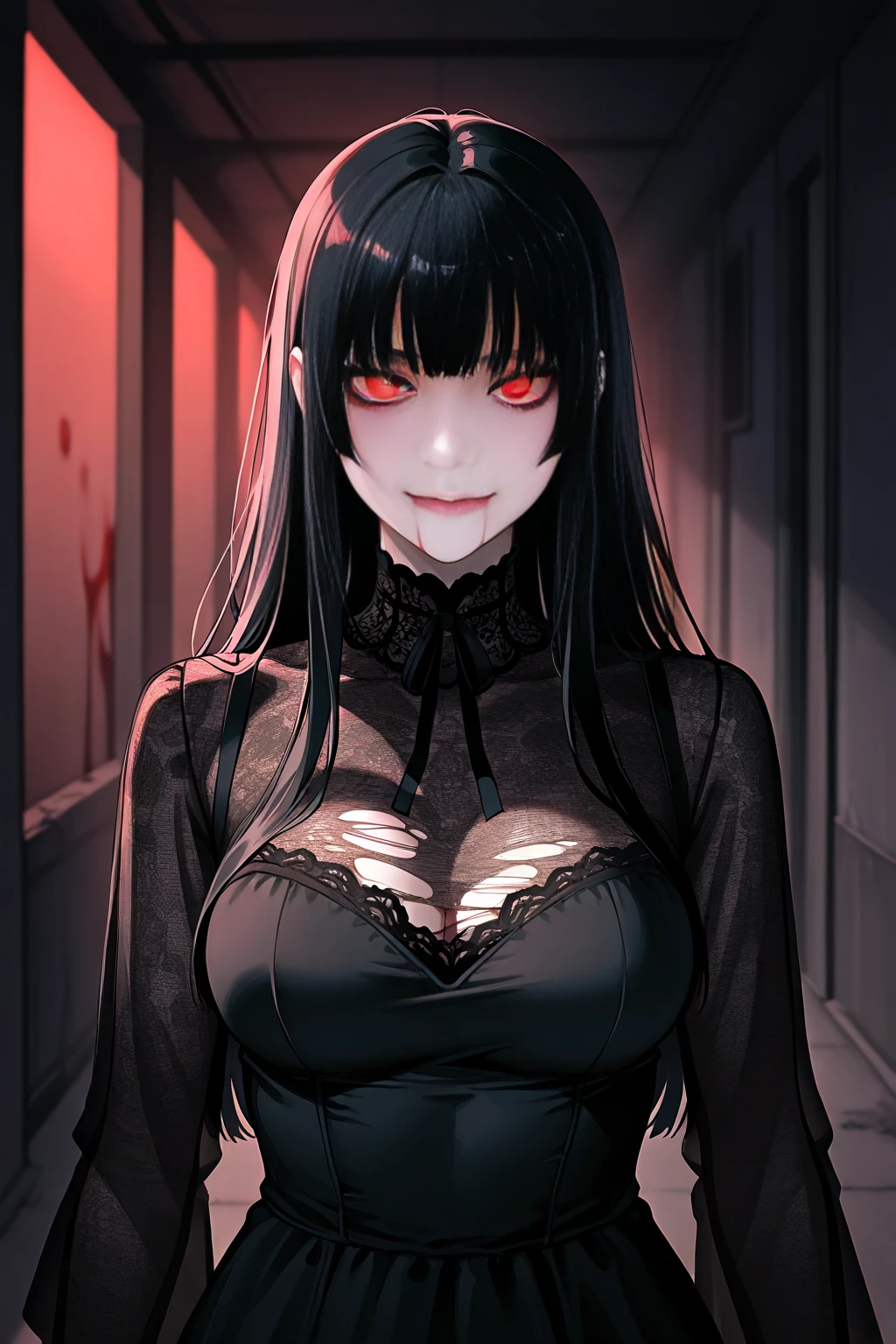 1 yandere girl bloody big chest evil smile lit room, mysterious knife in hand looking at me