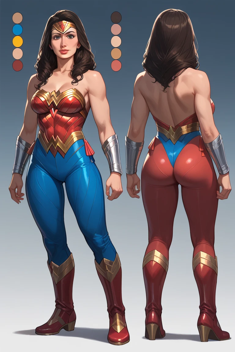 ((wonder woman)), DCAU, (giant breast:1.3, Giant ass:1.4) , (Slim ABS plastic:1.2), Gray military uniform, smirk, Detailed, Slim waist, Masterpiece, Thick legs, Athletic body , ((giant breast:1.8)) ((rim light:1.6)), ((Character Sheet)), standing straight, ((covered breasts:1.3))