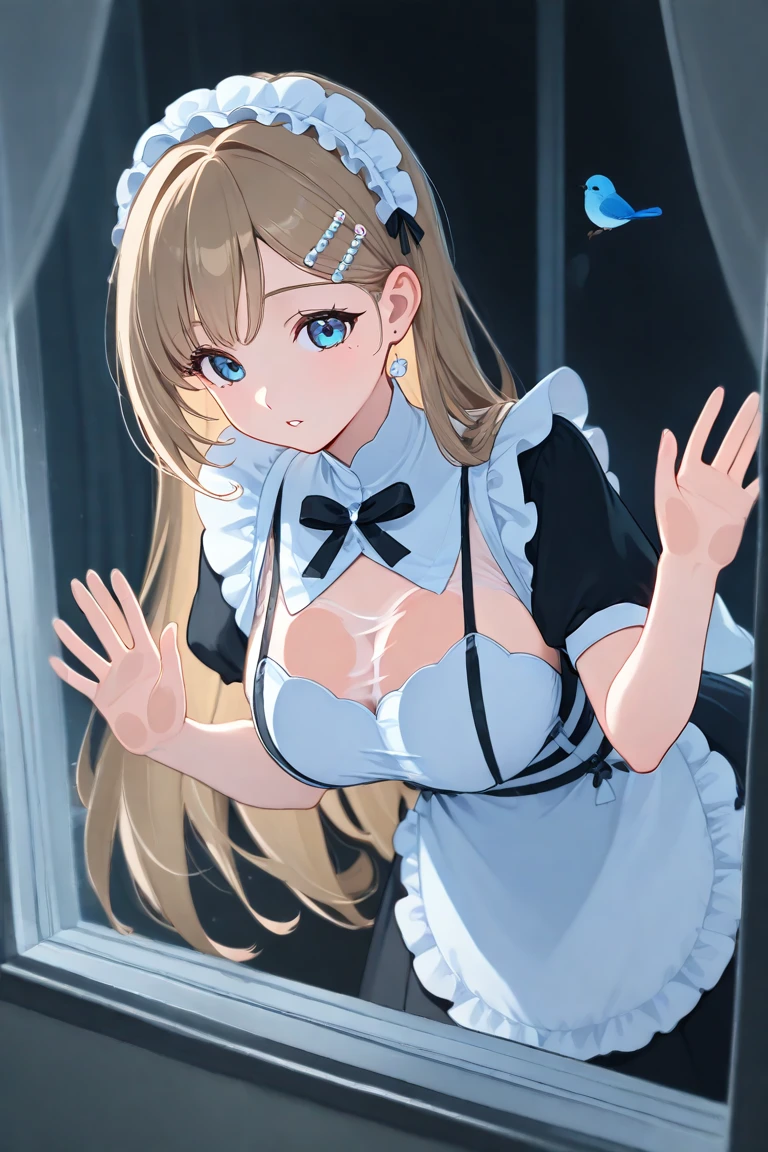 best quality,
1girl,
standing,
crossed arms, breast hold,
huge breasts, skinny,
aqua leotard, black pantyhose,
white elbow gloves, white detached collar, bowtie, white rabbit ears, aqua hair ribbon,
cleavage,
light brown hair, swept bangs, hair over one eye, long hair,
blue eyes,
grin,
laundry, washing machine,
