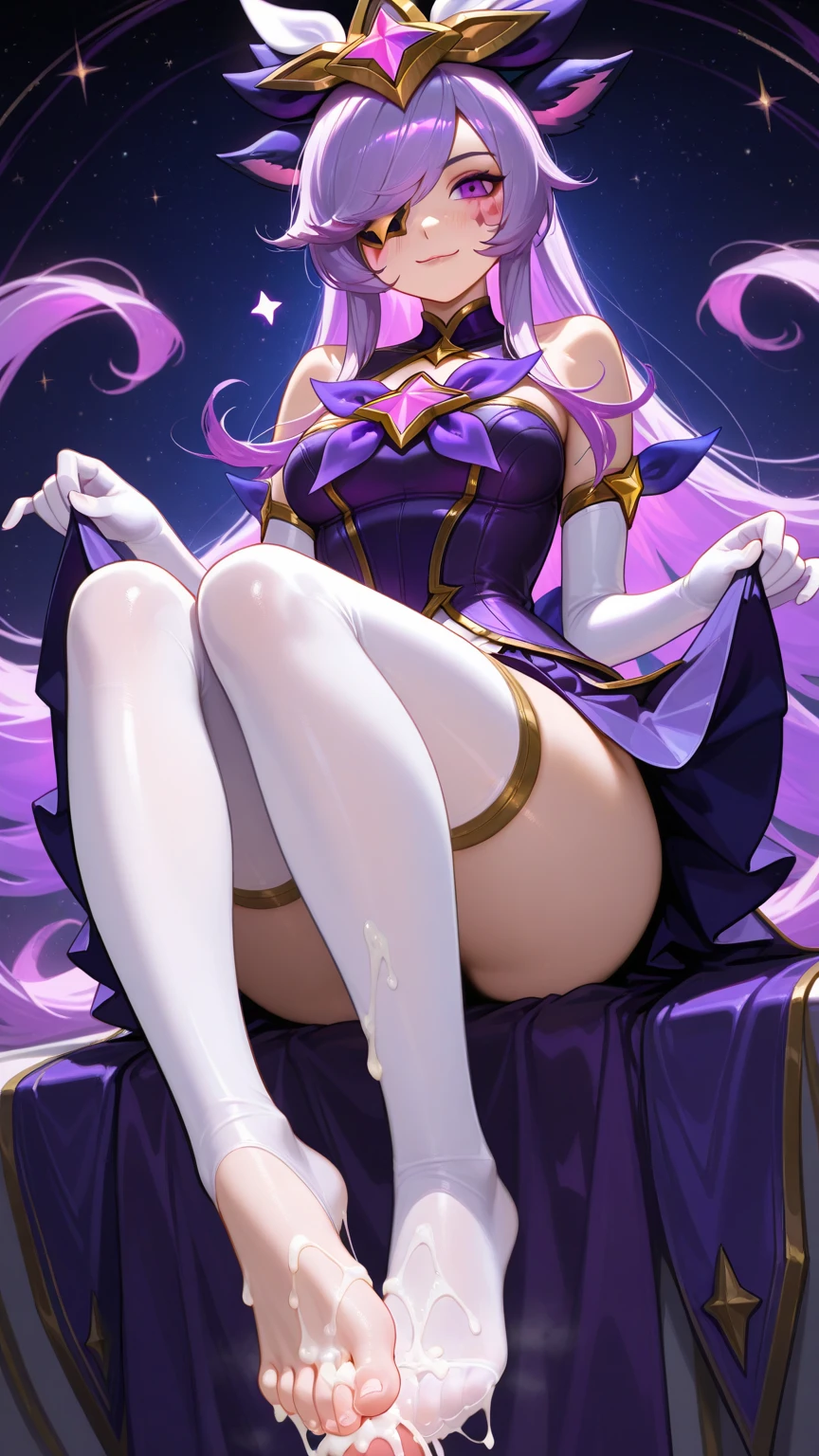 sex(1 boy, 1girl, orgasm, convulsions, nsfw), cure slave(magical girl, blue eye, purple hair, long straight hair, blue side line in dark purple dress, gold vertical line in black coat), (((leaning back)))