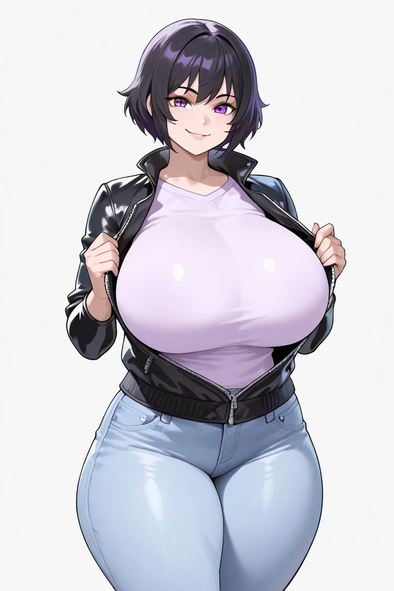 anime girl with big breast showing off her big boo, touching her clothes, with a large breasts, revealing clothes,thicc, big breasts!! , covered breasts,teasing smile, jeans, bra