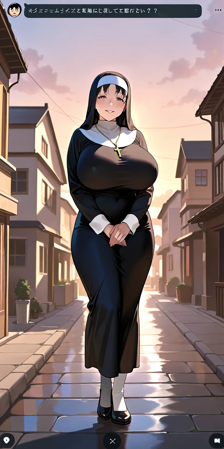 (extremely detailed CG unit 8k wallpaper: 1.1), high resolution, detailed body skin, contrast, color, shadows, street background, 1girl, nun, long black hair, (blue eyes), huge chest, loose breasts, hands on breasts, embarrassed, gothic, transparent clothing, se through clothing, sheer clothing, sheer dress, white bra, da to see the bra, bra exposed, bra leaked, bra showing, white bra, embarrassed, surprised, mouth open, discovering that the bra is showing, very embarrassed, trying to cover the breasts with her hands, ((see-through clothing))