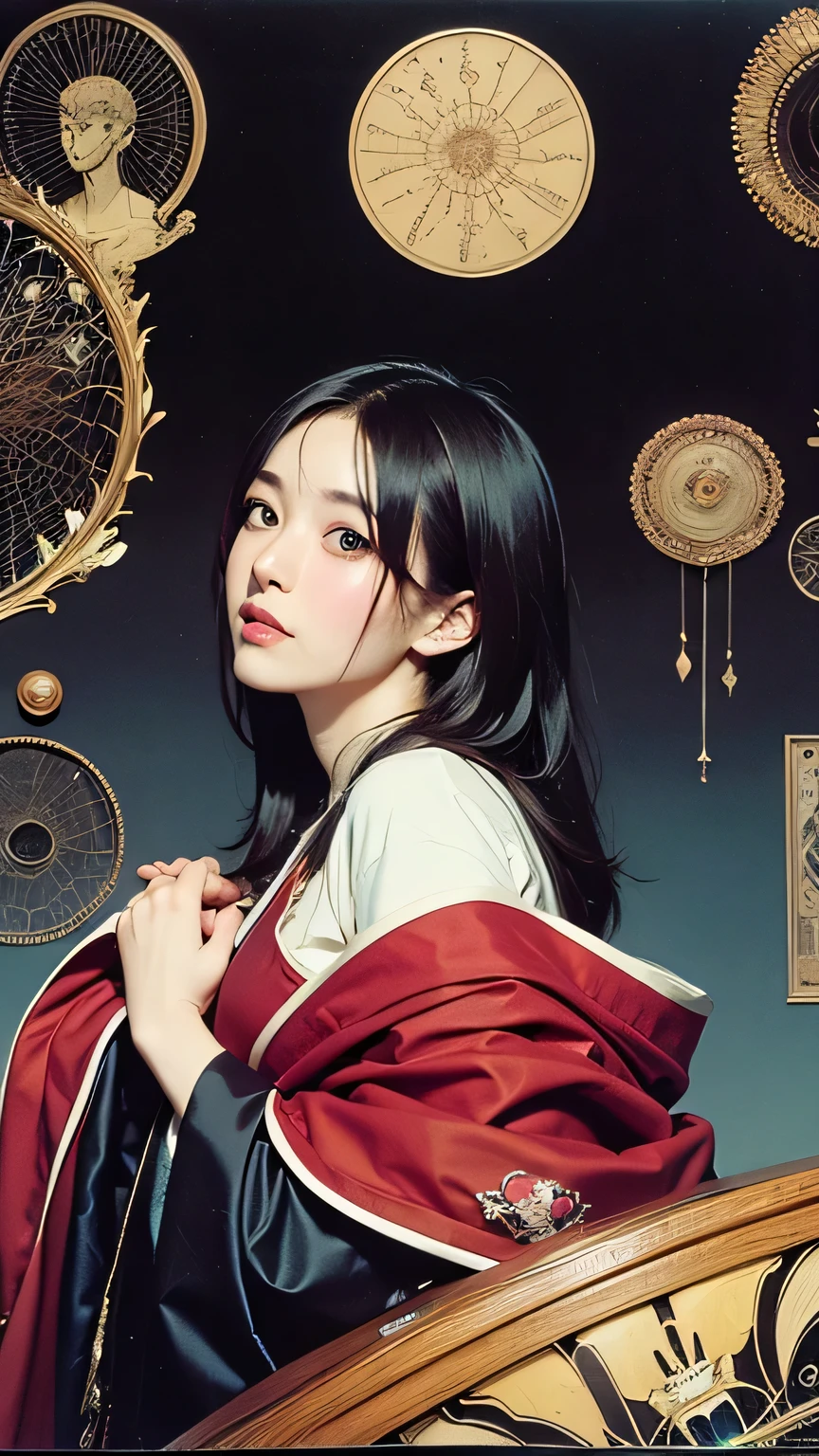 Harry Clarke, Shigeru Tamura, Naoyuki Kato, Akseli Gallen-Kallela, Georges Léonnec, Surrealism, Mystery, Weird, Fantastic, Fantasy, Sci-fi, Fantasy, Japanese Anime, Walking Seashell, Fantastic Encyclopedia, Beautiful High School Girl Turning a Spinning Wheel, detailed masterpiece angles perspectives drawings