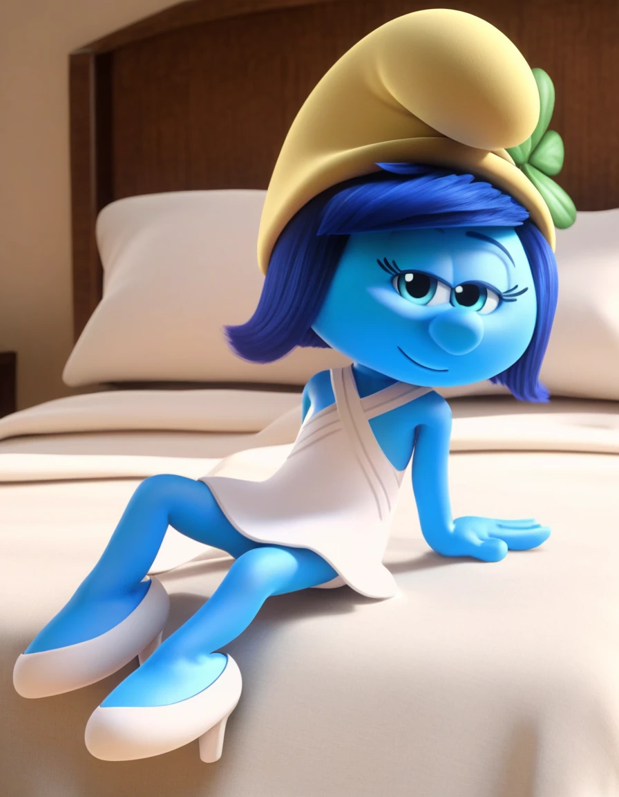 pov, smurfette, missionary sex, white dress, hat, blonde, blue skin, bed, half-closed eyes, looking at viewer, legs apart, ahegao