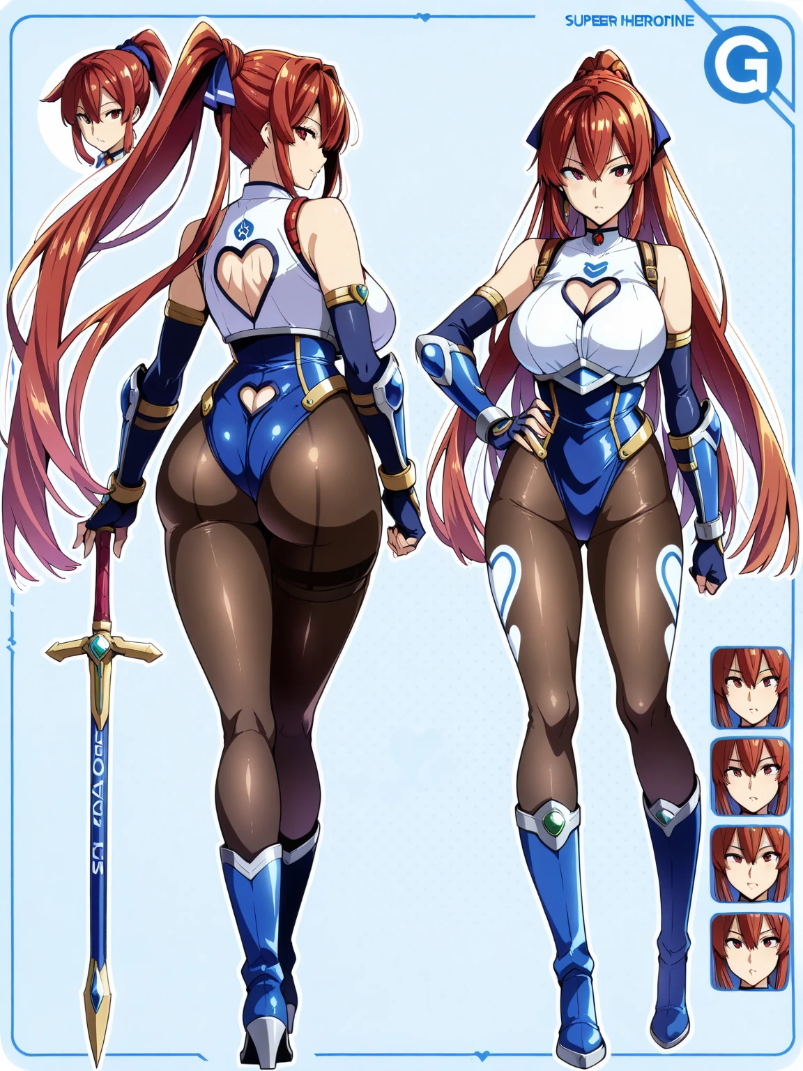 masterpiece, best quality, solo, milf, high fantasy outfits, ((white background)), full body, multiple views, thong, cleavage, holding weapon, bikini armor,