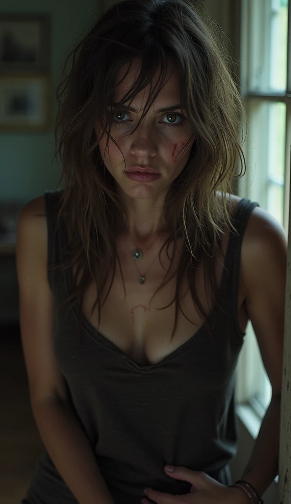 hyper real photo of ((woman inside a cluttered barn wearing sexy worn-out torn cotton tanktop)), ((detailed realistic face and eyes)), cinematic lighting, 8k resolution, (modelshoot style), sunset, (from_below:1.4), soft small nipples covered by (ripped torn cotton tanktop), natural breasts