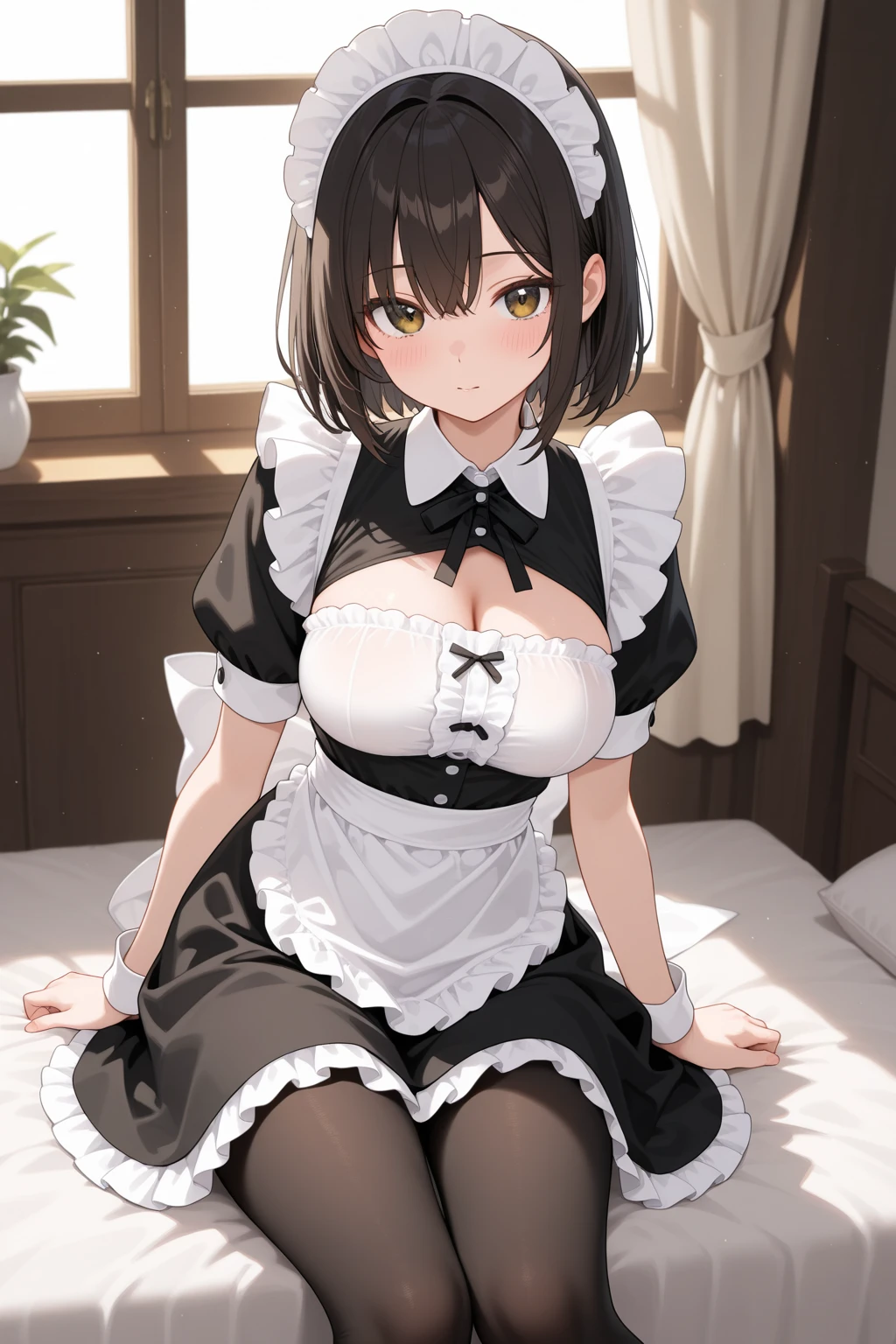 (((​masterpiece、top-quality、extremely delicate and beautiful女性、extremely delicate and beautiful、Very elaborate)))、girl with、((The viewer watching))、fat body、huge tit、(lying on one's side on bed、Large open legs、I'm looking down)、(A dark-haired、extra very short hair、bangss)、hyperdetailed face、A detailed eye、Hanging、Pink eyes、Red cheeks、a smile、thrilling look、A delightful、Shiny skin、(maid clothes)