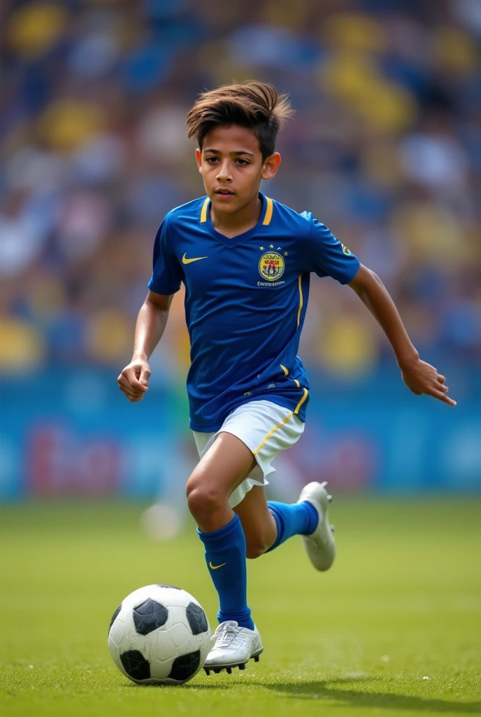 Stunning Rogerinho , offwhite,and is Brazilian, short dark brown hair, and he doesn't have a beard, and has the face of a child on average 10 or , and he is a real Madrid player photo in 8k, in action, cinematic.
