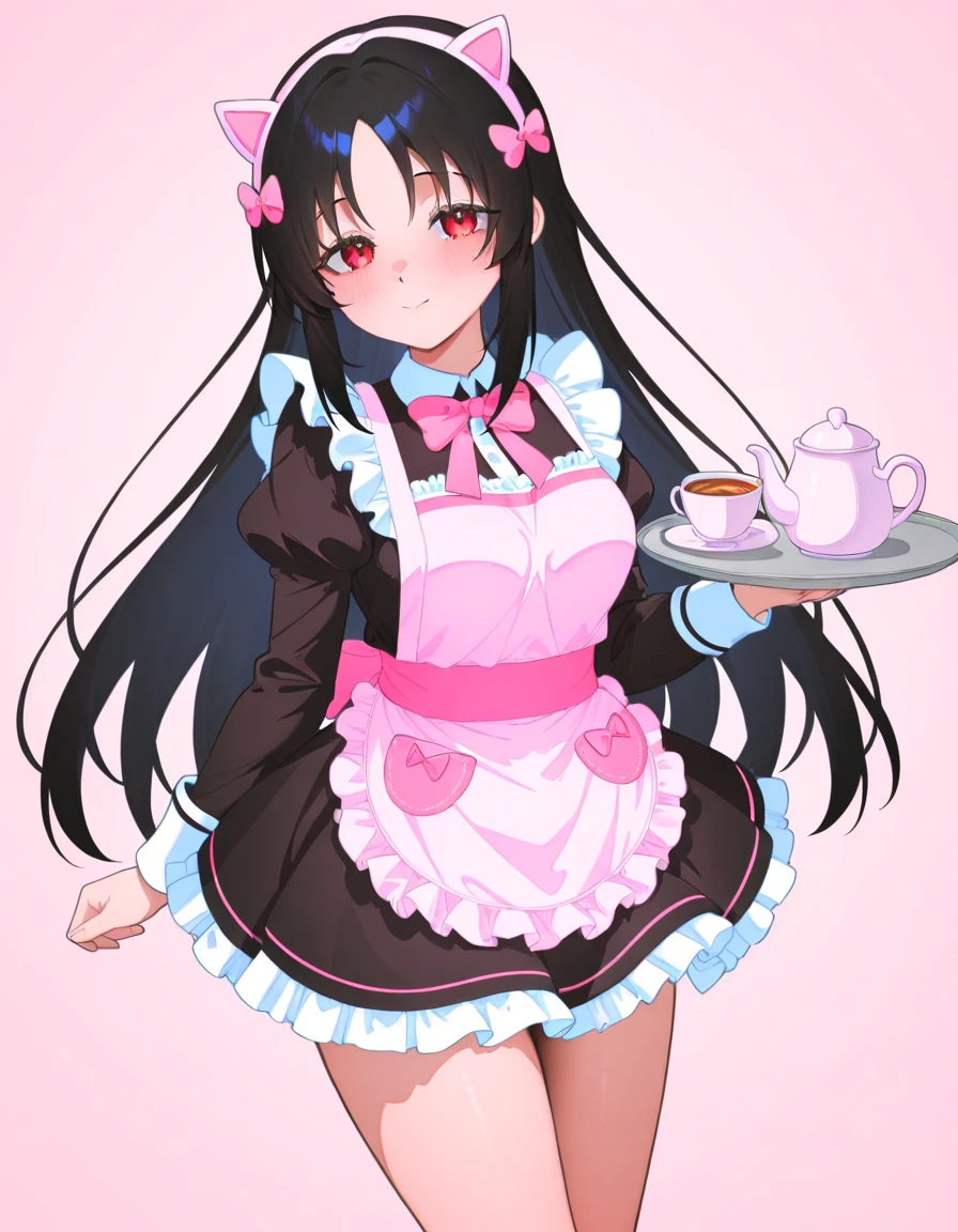 An adult servant in a maid coffee uniform: ruffled skirt, pastel apron with bows, medias altas, headband with little ears. Holds a tray with tea and candies, sonrisa brilliant y mirada pícara.
bottom: pastel pink themed coffee.
 style:  anime kawaii , brilliant, flirty.