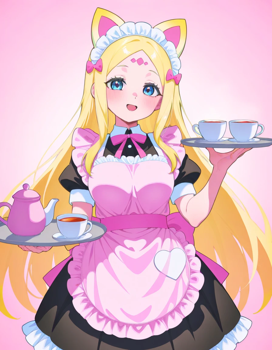 An adult servant in a maid coffee uniform: ruffled skirt, pastel apron with bows, medias altas, headband with little ears. Holds a tray with tea and candies, sonrisa brilliant y mirada pícara.
bottom: pastel pink themed coffee.
 style:  anime kawaii , brilliant, flirty.