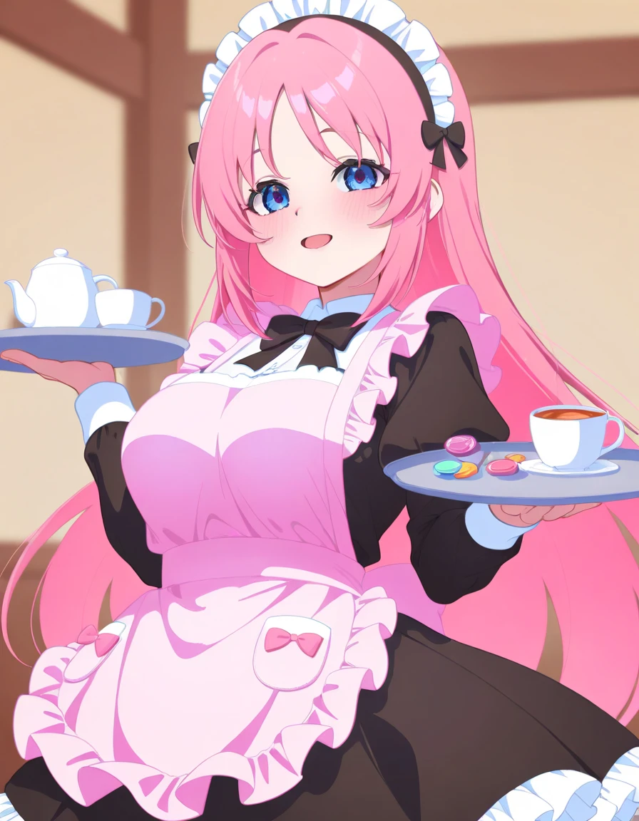 An adult servant in a maid coffee uniform: ruffled skirt, pastel apron with bows, medias altas, headband with little ears. Holds a tray with tea and candies, sonrisa brilliant y mirada pícara.
bottom: pastel pink themed coffee.
 style:  anime kawaii , brilliant, flirty.