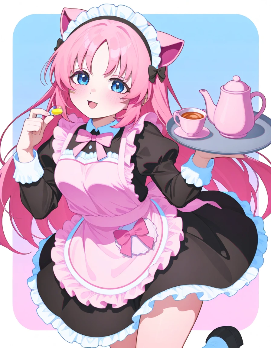 An adult servant in a maid coffee uniform: ruffled skirt, pastel apron with bows, medias altas, headband with little ears. Holds a tray with tea and candies, sonrisa brilliant y mirada pícara.
bottom: pastel pink themed coffee.
 style:  anime kawaii , brilliant, flirty.