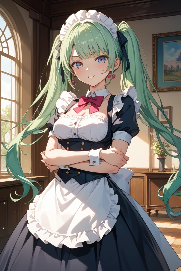 (((Best quality, 8k, Masterpiece: 1.3)), ((best quality)), ((masterpiece)), (detailed), perfect face, A maid girl with long green hair, she looks at me, Her thick hair flows, A maid costume with frills. She serves at the royal court, high resolution, Textured skin, anime style