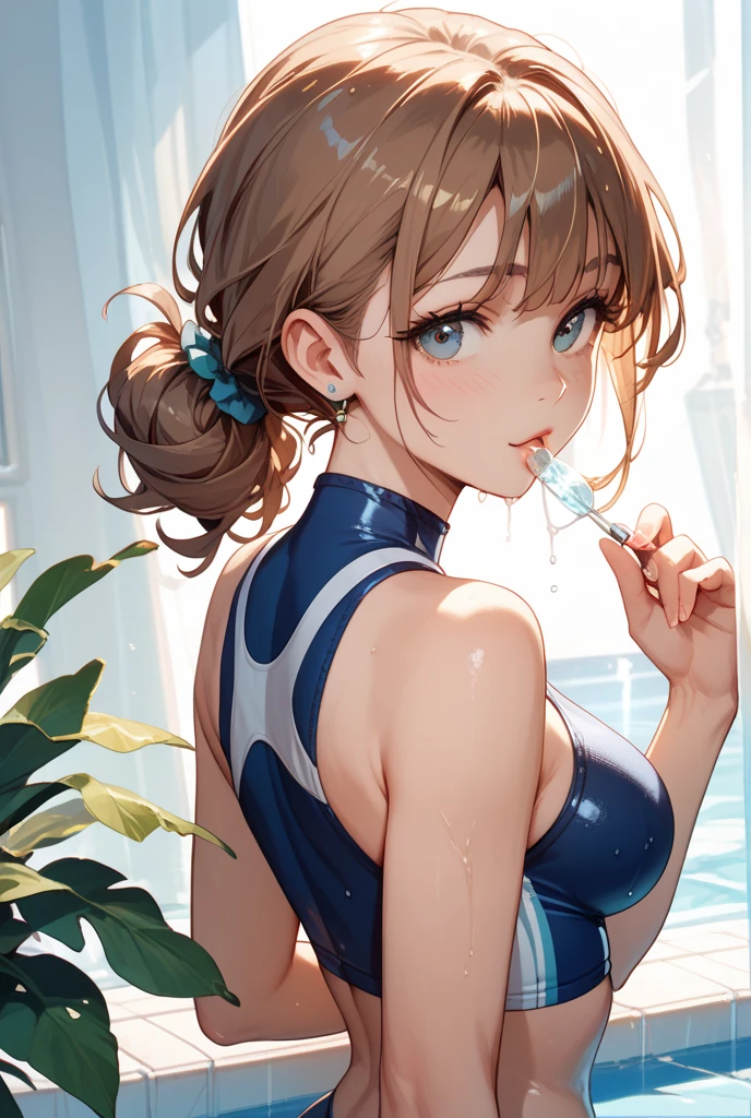 (from below:0.4), score_9_up,score_8_up, 1girl, solo, green eyes, burgundy hair, twin low tails, long hair, ((blush)), closed mouth, smile, big breast, pose, ((sitting)), (thin girl:1.2), (bubbles), ((entertainment park)), sunglasses,