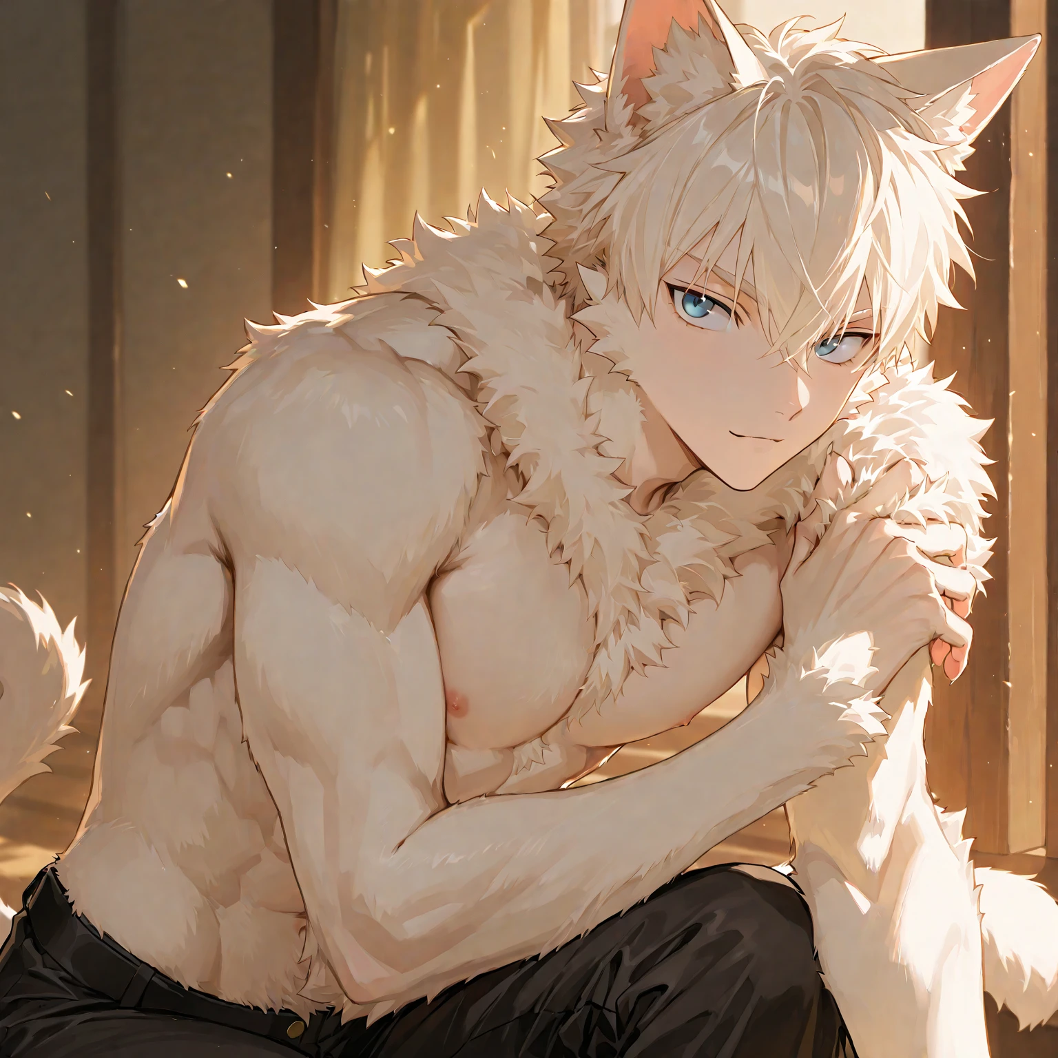 Solo, score_9,score_8_up,score_7_up, source_furry, (Kat, Anthro furry feline male, adult male, silver fur with grey stripes, athletic body, blue eyes, long blonde hair, long bangs covering one eye, :3, pink nose, shirtless, scars on his body, brown shorts, standing, smiling, feline teeth, hands behind head,