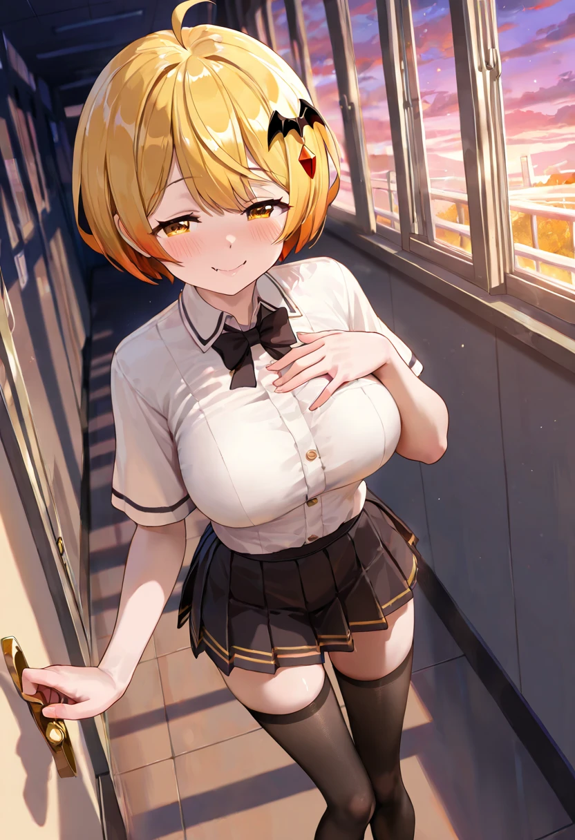 [1girl, Tomoe Mami, mahou shoujo madoka magica], (goblin slayer!), (throw_hand, pink vibrator remote switch in throw_hand, throw:1.2), Highest quality, Super detailed, masterpiece, Ultra-high resolution, 8K, Ridiculous, Cowboy Shooting, Blurred, Focus on the girl, Embarrassing, blush, Lovely, Open your mouth, What saliva leaves behind, Wet skirt hem, (Sticky panties:1.1), Bulging of the vibrator cord, Vibrator with Garters, (cleavage), Classroom Background, The skirt is accidentally exposed,(large breasts), (crop top navel), (waist line), Accidentally exposed panties