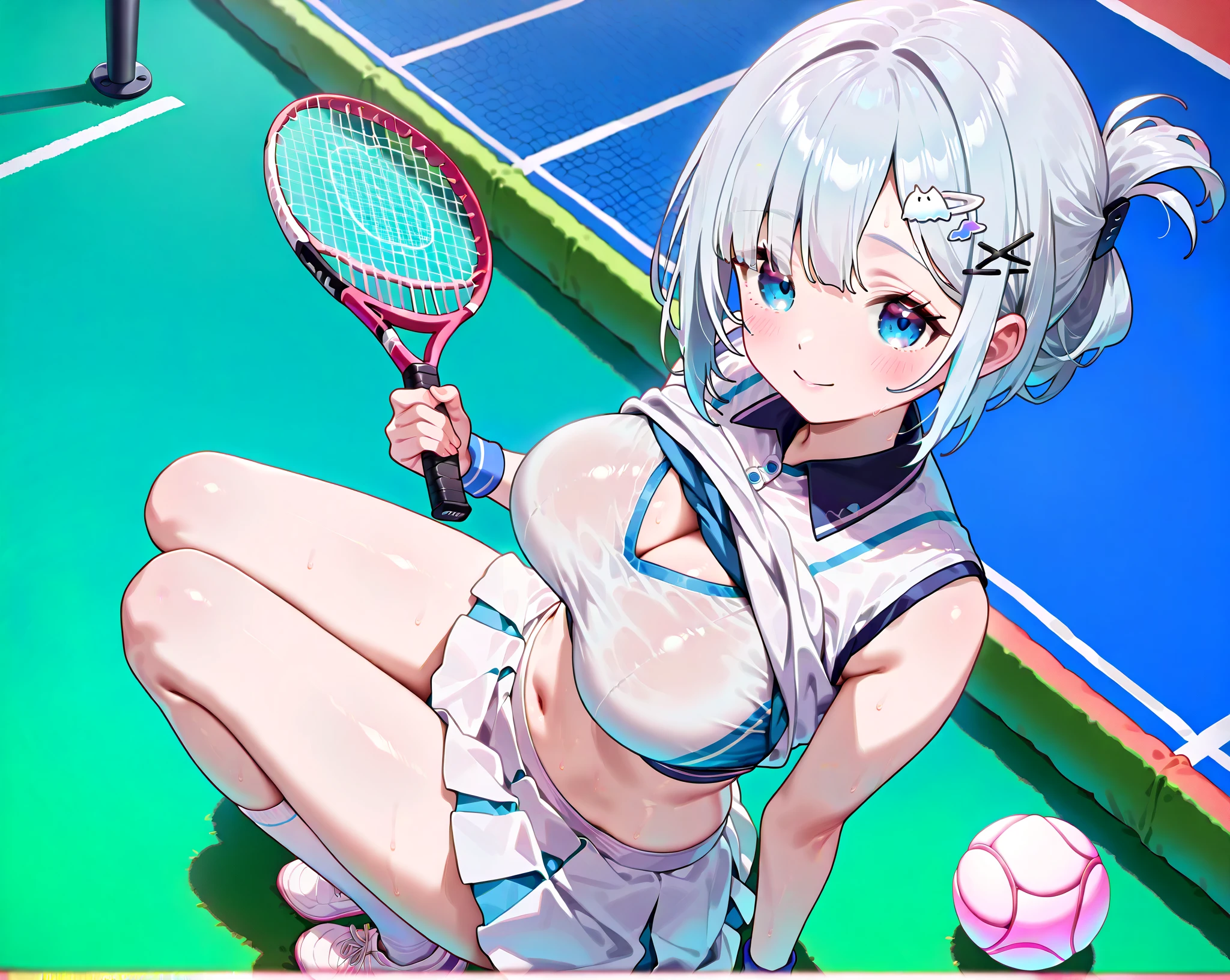 High school students　エロ　E-cup　white  hair　bob　Naked　Being on the tennis court　Beautuful Women　tall　Constriction　Giving a　Have sex　　Wearing tennis wear　Sweating　teats